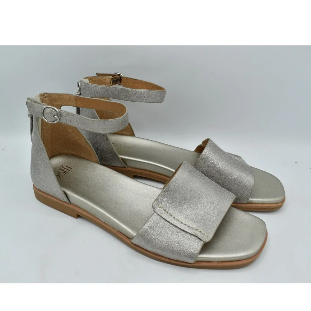 Sofft Women 11 Reyna Silver Metallic Leather Anthracite Strappy Sandals Shoes